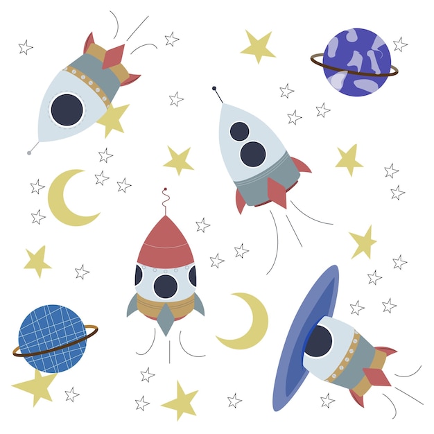 Estrellas y planetas de nave espacial de dibujos animados