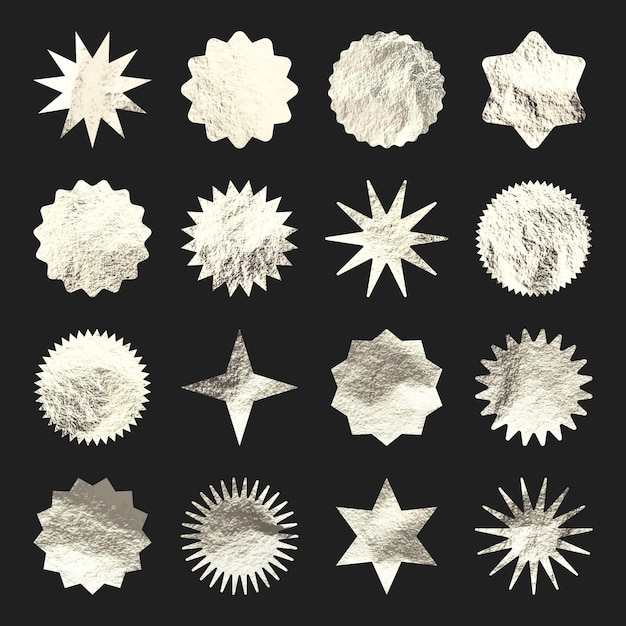 Las estrellas plateadas los símbolos de la irrupción del sol la lámina de oro brillante los símbolos de los rayos de sol antiguos las etiquetas de compras la venta o