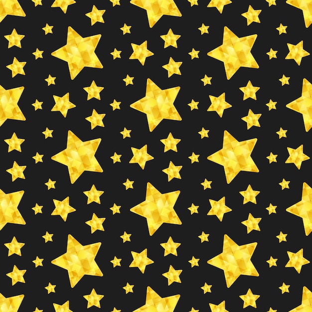 Estrellas polimétricas bajas doradas en fondo negro patrón sin costura vectorial