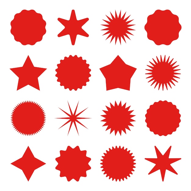 Estrellas retro símbolos de rayos de sol vintage iconos de rayo de sol etiquetas de compras rojas venta o descuento pegatina marca de calidad oferta especial etiqueta de precio promocional insignia de ilustración vectorial