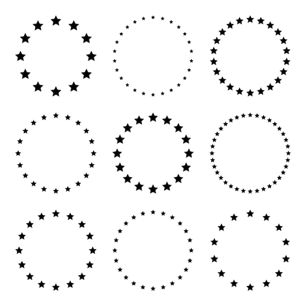 Estrellas de varios tamaños dispuestas en un círculo Borde redondo del marco Forma de estrella negra Símbolo simple Elemento de diseño Ornamento Ilustración vectorial