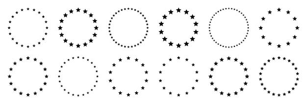 Estrellas de varios tamaños dispuestas en un círculo Borde redondo del marco Forma de estrella negra Símbolo simple Elemento de diseño Ornamento Ilustración vectorial