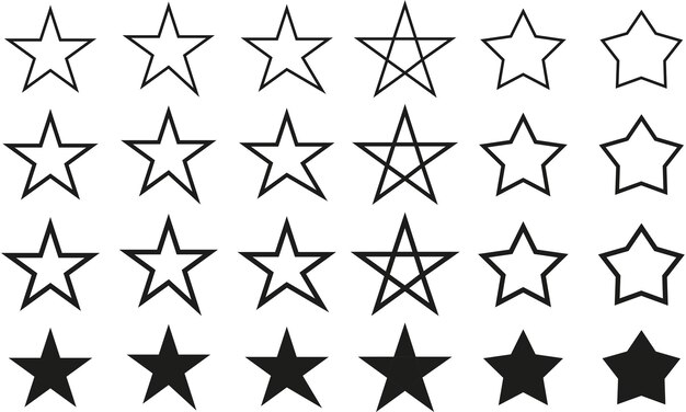 Vector estrellas vectoriales contorneadas con variantes de grosor de trazo y estrellas sólidas ideales para iconos de tatuaje, etc.