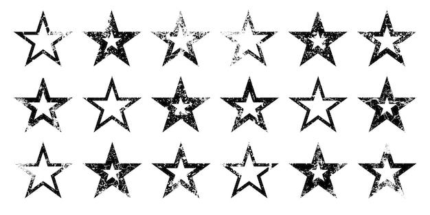 Estrellas vintage con grietas y manchas Antico letrero dibujado a mano de forma simple negra Elemento de diseño retro con efecto angustiado Textura grunge Ilustración vectorial