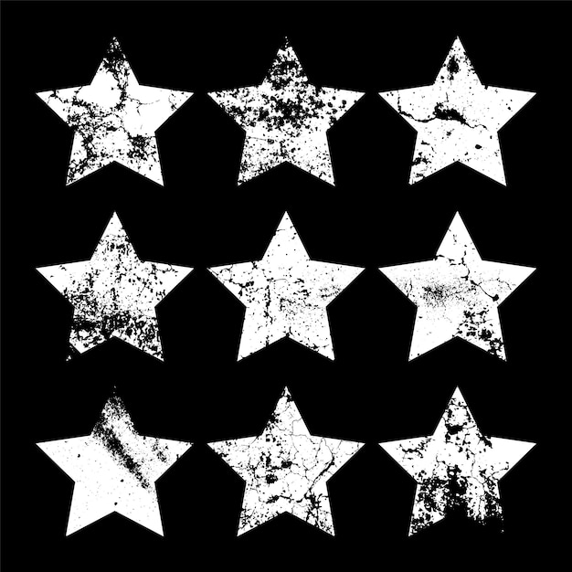 Estrellas vintage con grietas y manchas viejo letrero dibujado a mano blanco de forma simple elemento de diseño retro con