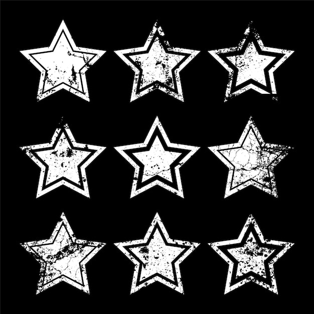 Estrellas vintage con grietas y manchas viejo letrero dibujado a mano blanco de forma simple elemento de diseño retro con