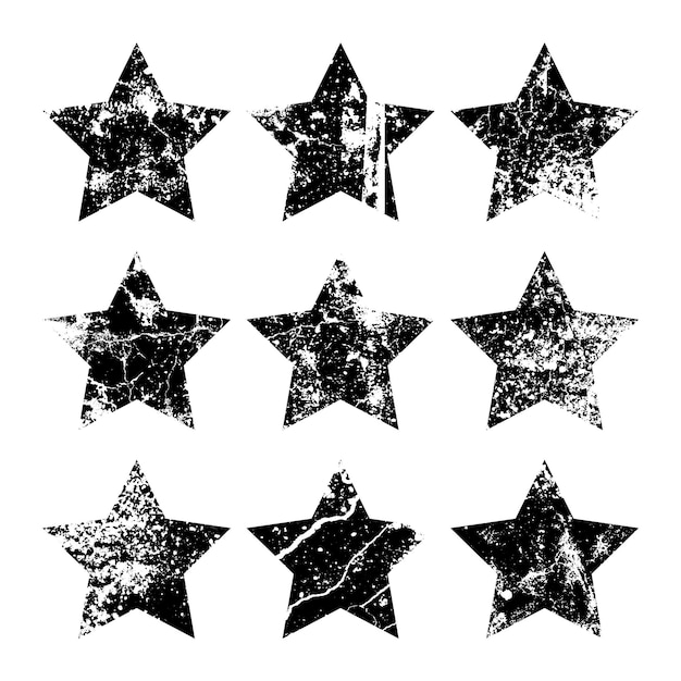 Estrellas vintage con grietas y manchas viejo letrero dibujado a mano negro de forma simple elemento de diseño retro con