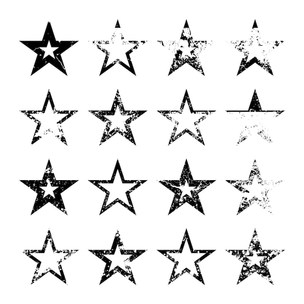 Estrellas vintage con grietas y manchas viejo letrero dibujado a mano negro de forma simple elemento de diseño retro con