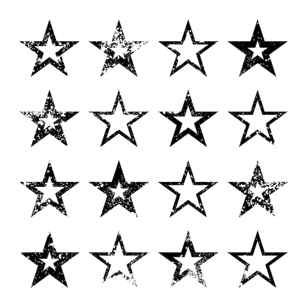 Estrellas vintage con grietas y manchas viejo letrero dibujado a mano negro de forma simple elemento de diseño retro con