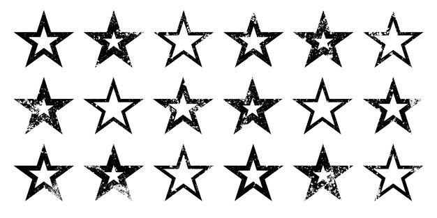 Estrellas vintage con grietas y manchas viejo letrero dibujado a mano negro de forma simple elemento de diseño retro con
