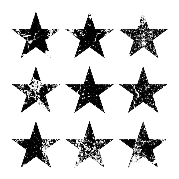 Estrellas vintage con grietas y manchas viejo letrero dibujado a mano negro de forma simple elemento de diseño retro con