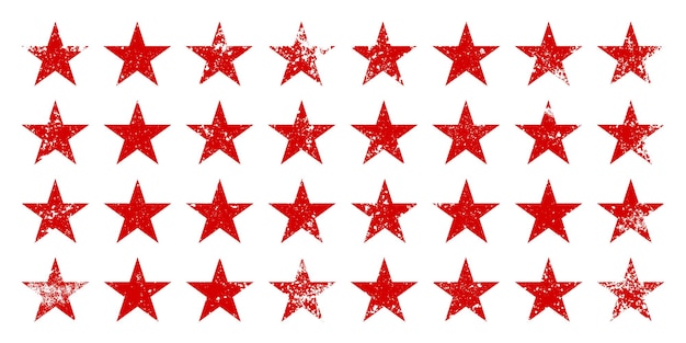 Estrellas vintage rojas con grietas y manchas viejo letrero dibujado a mano negro elemento de diseño retro de forma simple