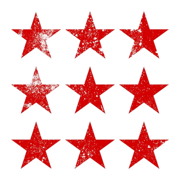 Estrellas vintage rojas con grietas y manchas viejo letrero dibujado a mano negro elemento de diseño retro de forma simple