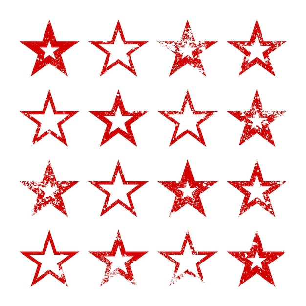 Estrellas vintage rojas con grietas y manchas viejo letrero dibujado a mano negro elemento de diseño retro de forma simple