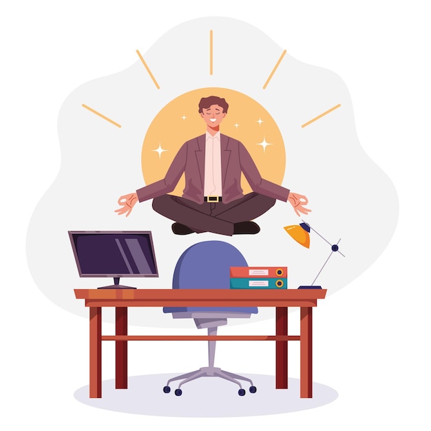 El estrés del trabajo de oficina se relaja, medita, yoga, concepto, diseño gráfico, ilustración