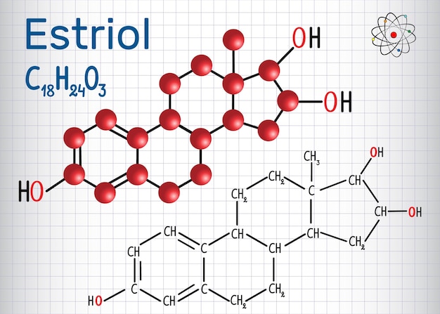 Estriol E3 estrógeno hormona sexual femenina menor fórmula química estructural y modelo molecular