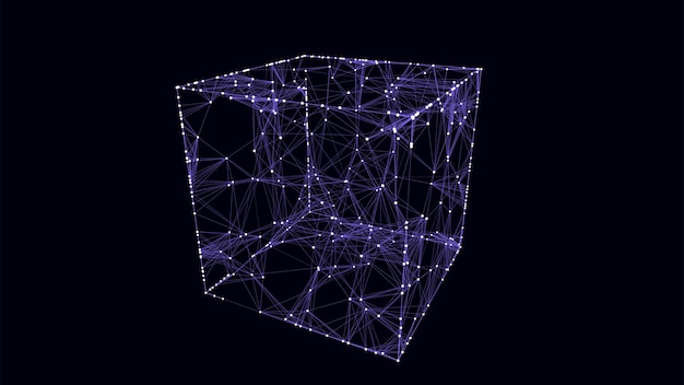 Estructura abstracta de puntos azules con luz sobre fondo negro Fondo científico con partículas en movimiento Transferencia digital de grandes datos Ilustración vectorial
