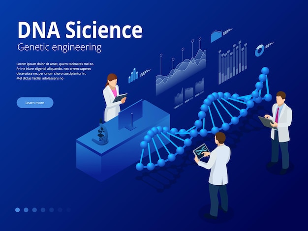 Estructura de ADN digital isométrica en fondo azul. Concepto de ciencia. Secuencia de ADN, ilustración vectorial de nanotecnología.