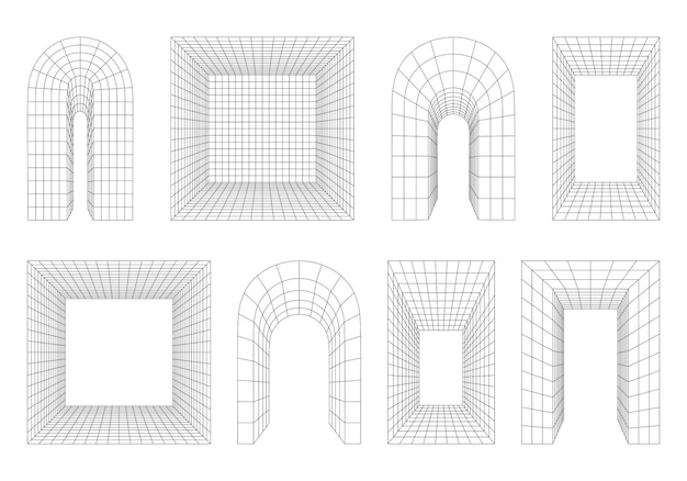 Vector estructura alámbrica 3d arco portal puerta perspectiva formas redondeadas y rectangulares rejilla distorsionada tecnología 3d malla arquitectura abstracta arco conjunto de elementos de diseño gráfico brutales