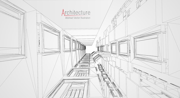 Estructura alámbrica de la arquitectura moderna. Concepto de estructura metálica urbana. Ilustración de construcción de estructura metálica de dibujo CAD de arquitectura.