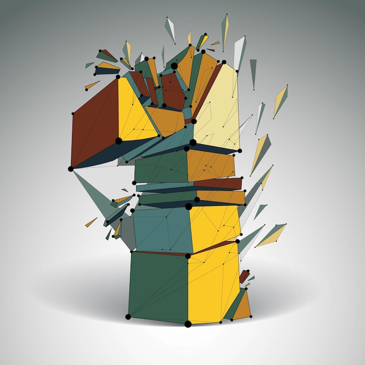 Vector estructura alámbrica digital vectorial 3d número uno dividida en diferentes partículas, numeración poligonal geométrica con malla de líneas. texto mecanografiado destrozado de polietileno bajo, elemento de celosía colorido.