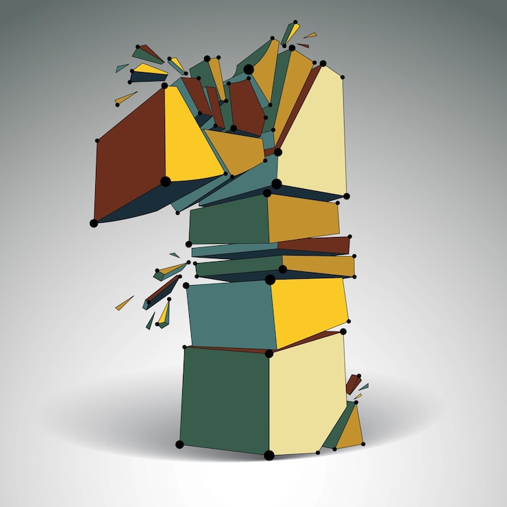 Vector estructura alámbrica digital vectorial 3d número uno dividida en diferentes partículas, numeración poligonal geométrica con malla de líneas. texto mecanografiado destrozado de polietileno bajo, elemento de celosía colorido.
