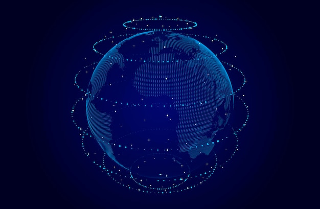 Vector estructura de conexión de red antecedentes tecnológicos abstractos con datos de conexión digital en el planeta mapa de puntos de la tierra concepto de blockchain ilustración vectorial