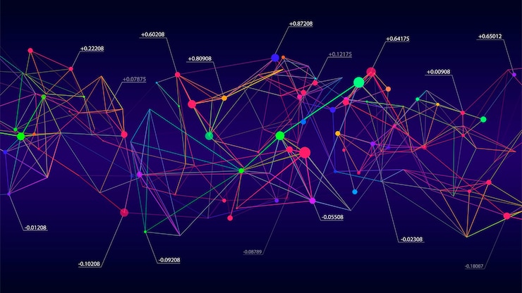 Vector estructura de conexión de red concepto de tecnología de cadena de bloques fondo digital con puntos y líneas visualización de grandes datos inteligencia artificial ilustración vectorial