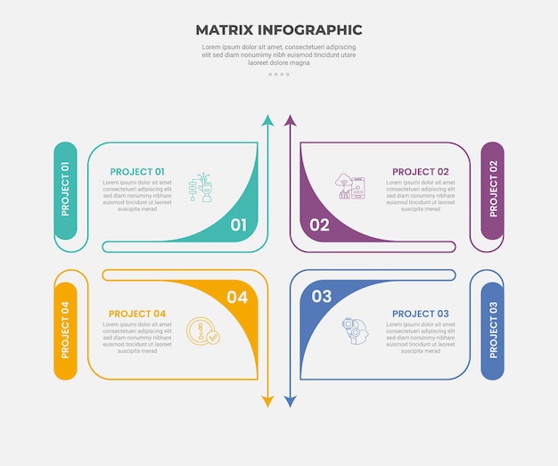 estructura de cuadrícula de matriz estilo de esquema infográfico con plantilla de 4 puntos con contenedor de caja abierta con insignia vertical redonda para presentación de diapositivas