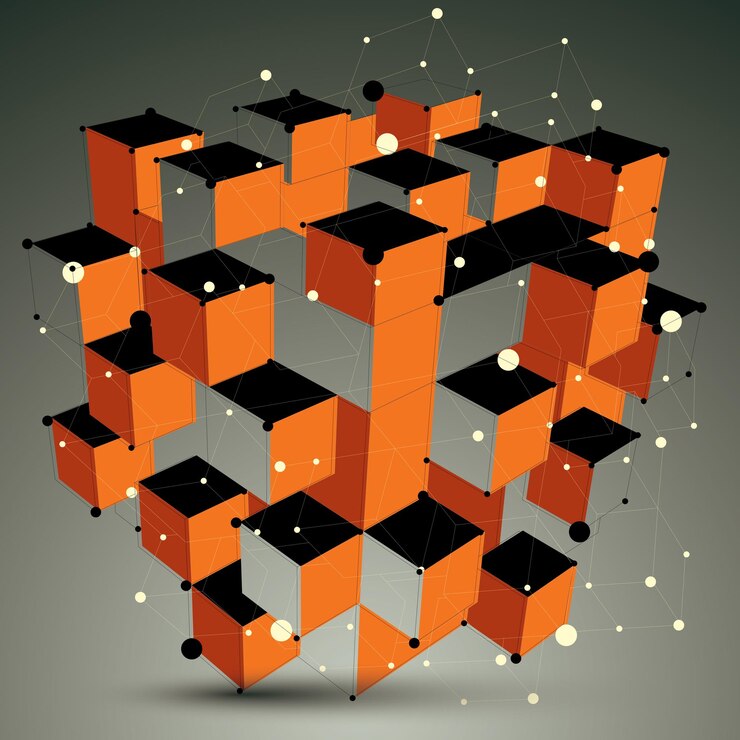 Vector estructura dorada vectorial asimétrica abstracta con malla de alambre blanco y negro, forma geométrica complicada. figura color encaje.