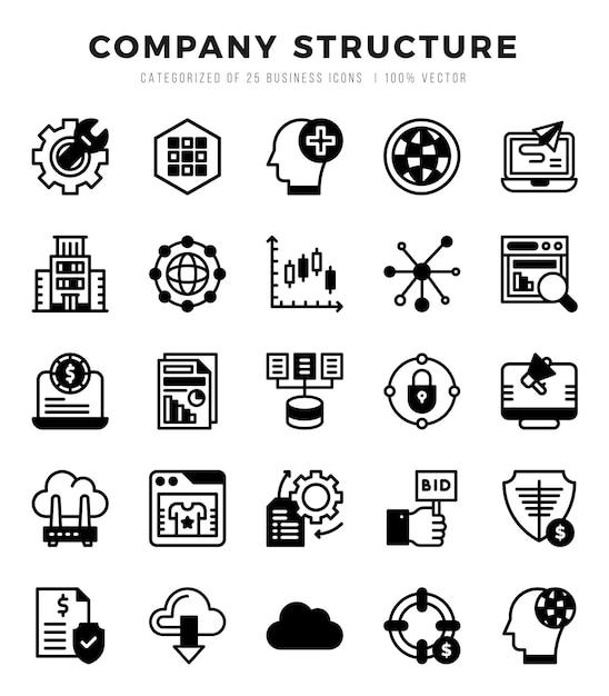 Estructura de la empresa Colección de iconos llenados linealmente 25 iconos configurados en un diseño llenado linealmente