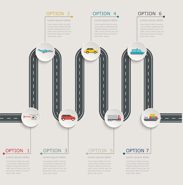 Estructura escalonada de infografía de carretera con iconos de transporte.