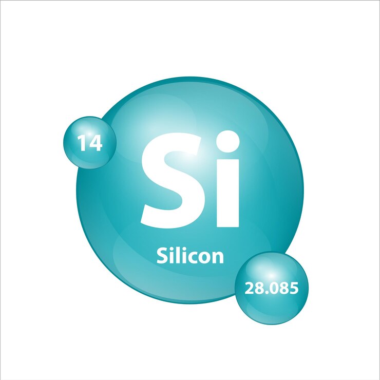 Vector estructura del icono de silicio elemento químico forma redonda círculo verde azul oscuro signo número atómico