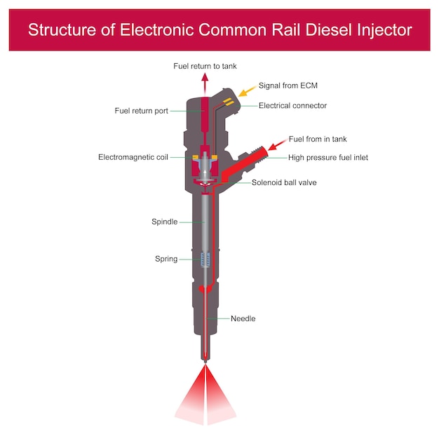 Estructura del inyector diesel Common Rail electrónico La ilustración explica las piezas dentro del inyector diesel Common Rail electrónico