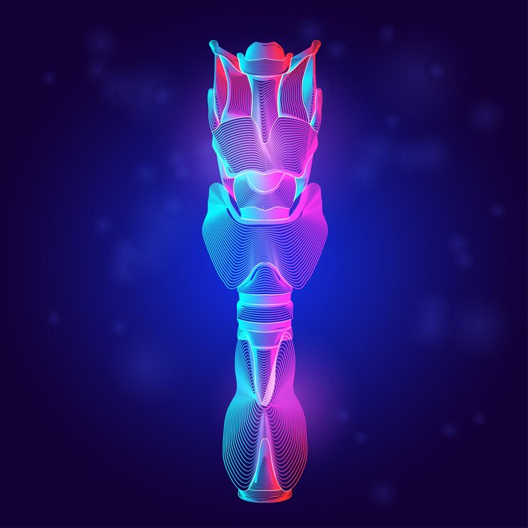 Estructura médica de la tráquea humana. hueso hioides y anatomía del órgano del cartílago tiroides en estilo de arte de línea 3d en neón