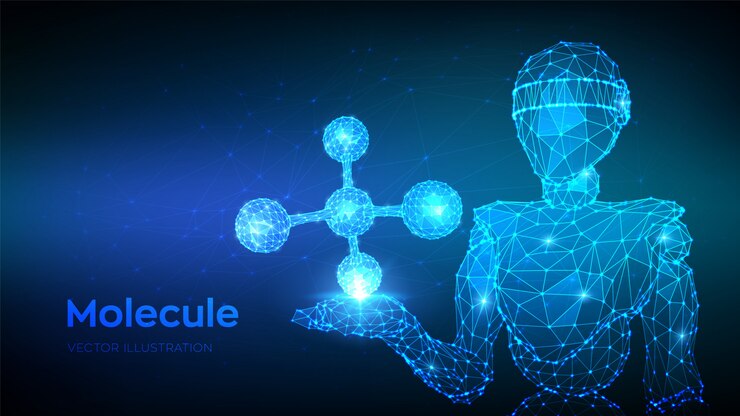 Vector estructura de la molécula adn, átomo, neuronas. 3d abstracto bajo robot poligonal sosteniendo la molécula.