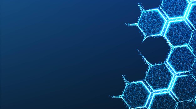 Estructura de la molécula forma líneas y triángulos punto hexagonal red de conexión sobre fondo azul Resumen bajo poli Triángulo punto línea polígono Brillo fondo azul Ilustración vectorial