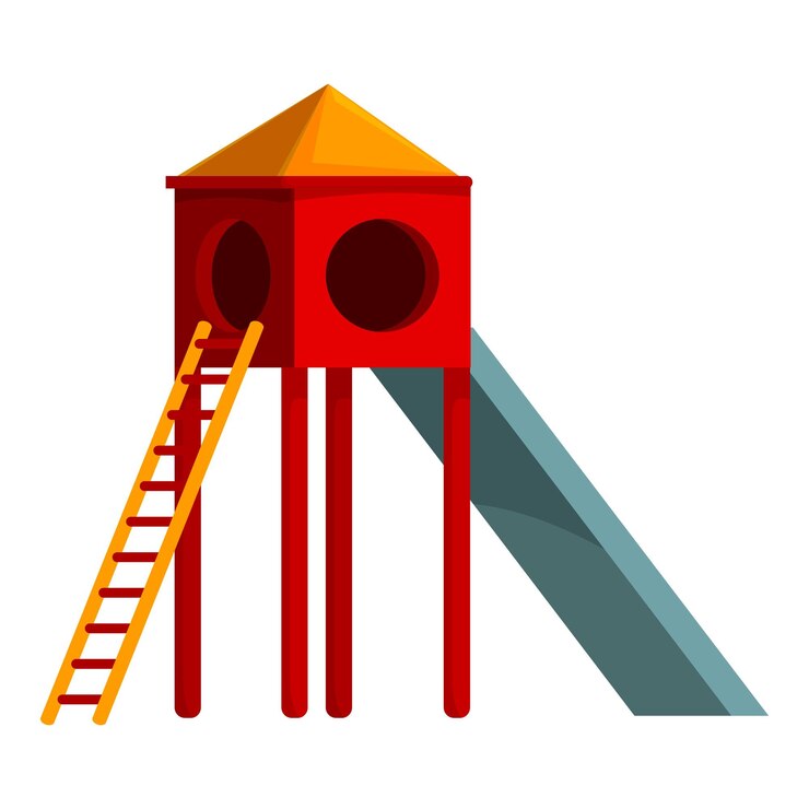 Vector estructura de parque infantil roja y amarilla con tobogán y escalera