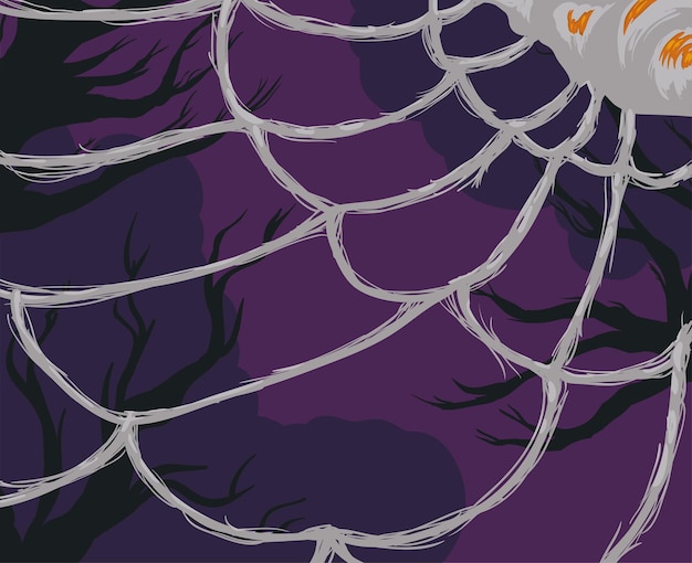Estructura de tela de araña con presa atrapada sobre bosque y fondo púrpura