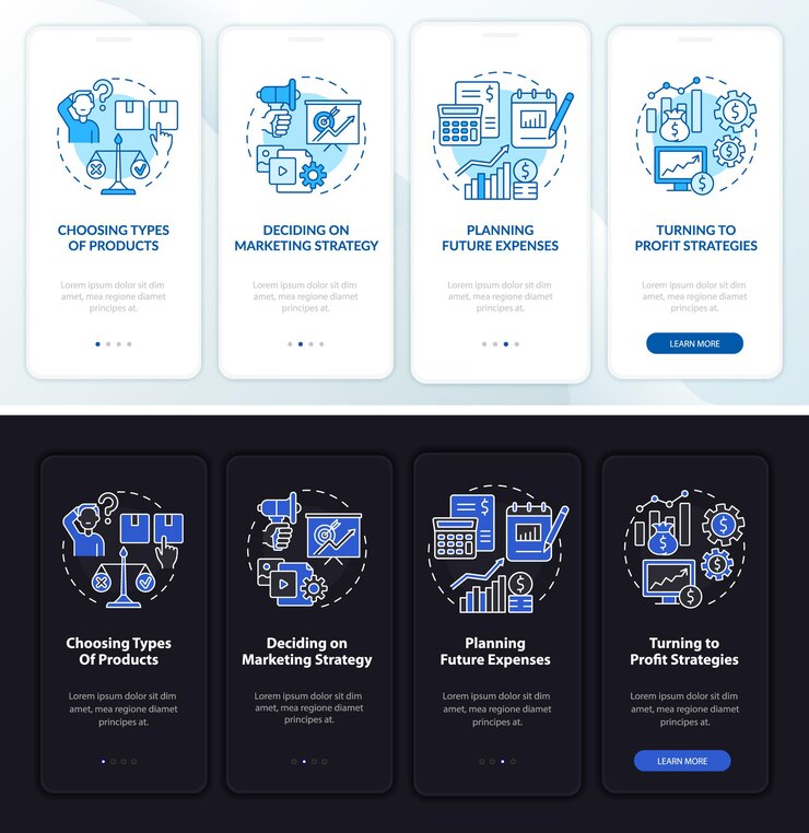 Vector estructuras comerciales que incorporan la pantalla de la página de la aplicación móvil. guía de servicios de la empresa instrucciones gráficas de 4 pasos con conceptos. ui, ux, plantilla de vector gui con ilustraciones en modo día y noche