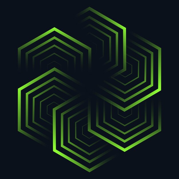 Estructuras hexagonales en capas de color verde oscuro que evocan la arquitectura futurista de profundidad