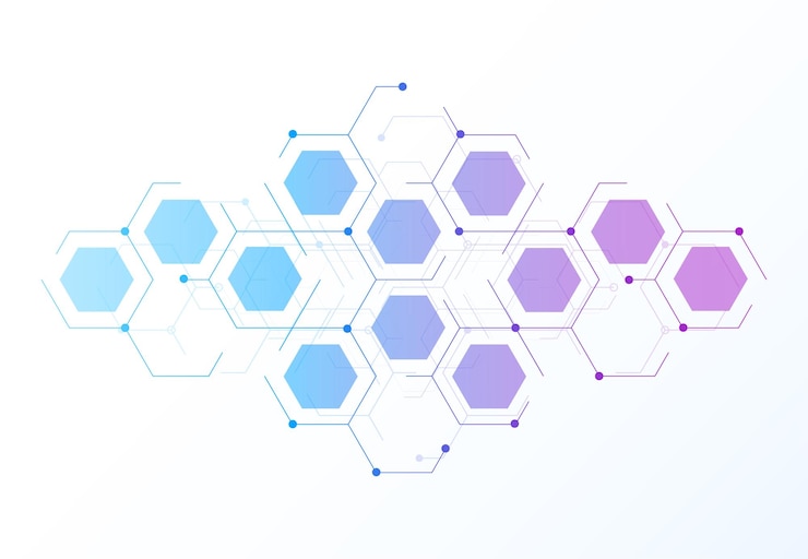 Vector estructuras moleculares hexagonales abstractas en tecnología y estilo científico diseño médico ilustración vectorial