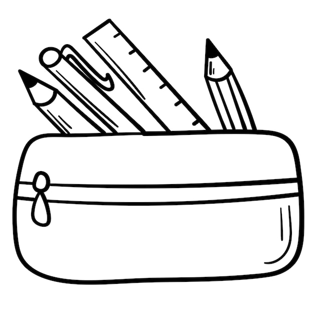 Vector estuche de lápices de la escuela de pegatinas doodle con papelería