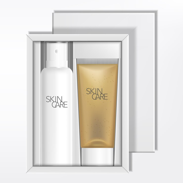 Estuche para tarjetas de belleza, cuidado de la piel, cuidado del cuerpo o artículos de tocador Caja de cartón o caja de embalaje corrugada de dibujos animados blanca con tubo transparente y botella de spray.