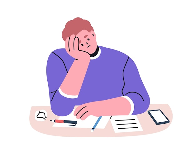 Estudiante aburrido y cansado sentado en el escritorio hombre perezoso desmotivado con agotamiento agotamiento desinterés emoción apatía y dilación concepto ilustración vectorial plana aislada sobre fondo blanco