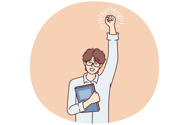 Un estudiante alegre con un libro de texto en la mano hace un gesto ganador después de ganar la Olimpiada. Imagen vectorial
