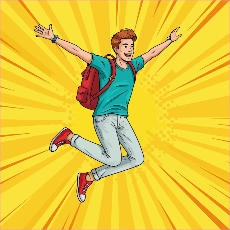 Vector estudiante alegre saltando ilustración de arte pop