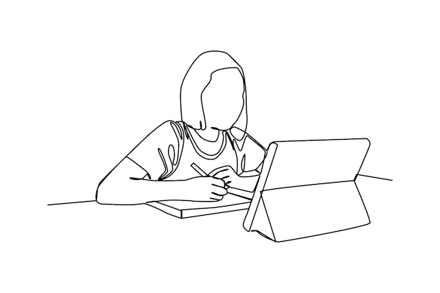 El estudiante aprende mirando el ipad Aprende en línea Iconos de aprendizaje Concepto de conocimiento educativo Los estudiantes aprenden en línea Ilustración vectorial aislada en fondo blanco