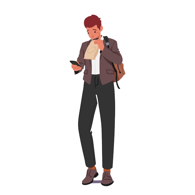 Estudiante apresurado con mochila comiendo comida rápida mientras lee el mensaje El personaje se apresura a alimentar la vida acelerada en busca del conocimiento Personas de dibujos animados Ilustración vectorial