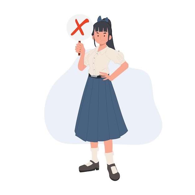 Vector estudiante asiática en uniforme escolar chica estudiante tailandesa está sosteniendo el signo x rojo falso incorrecto ilustración vectorial incorrecta